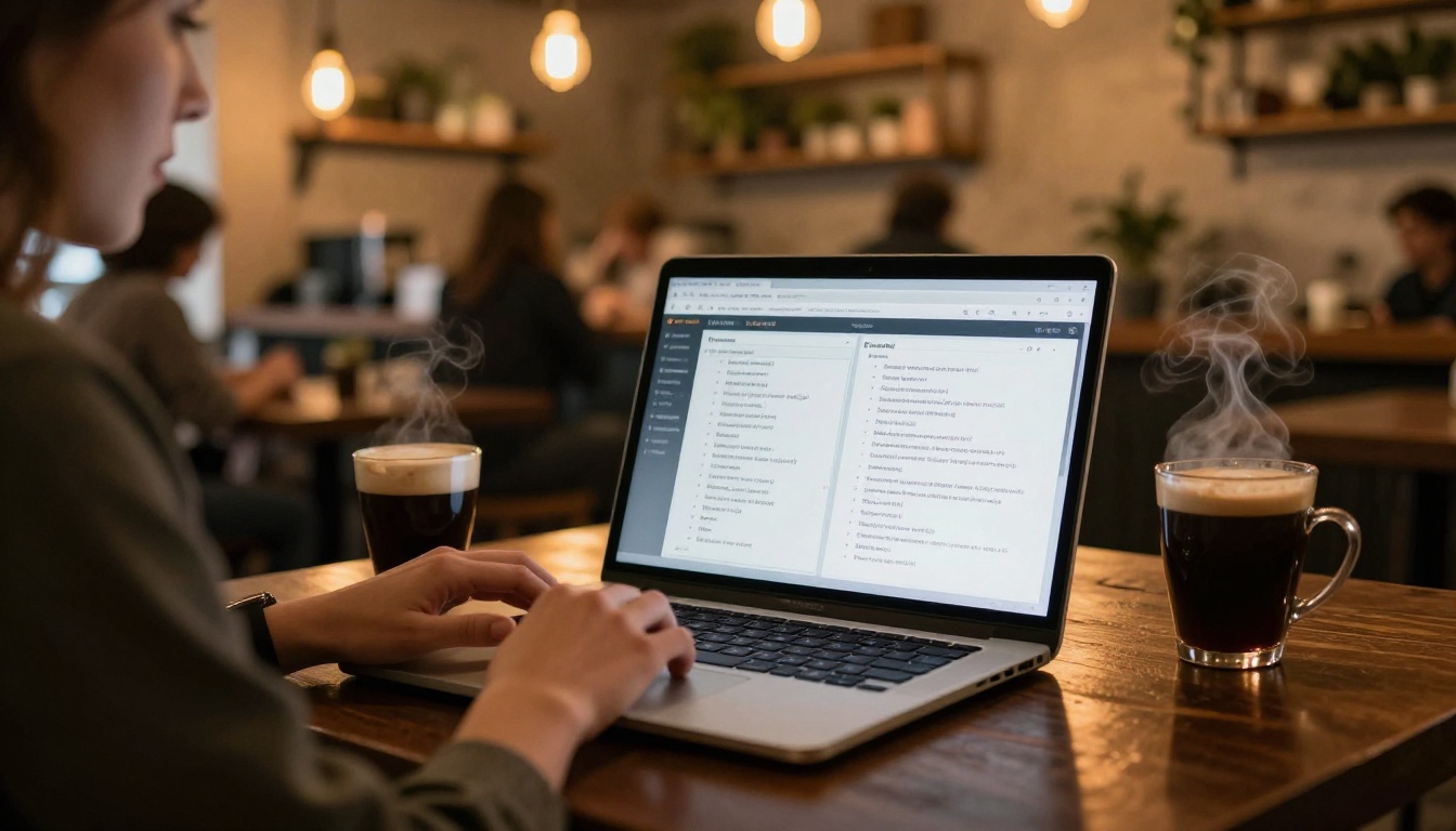 Female student working on silver laptop in café with warm Edison bulb lighting and espresso cup nearby