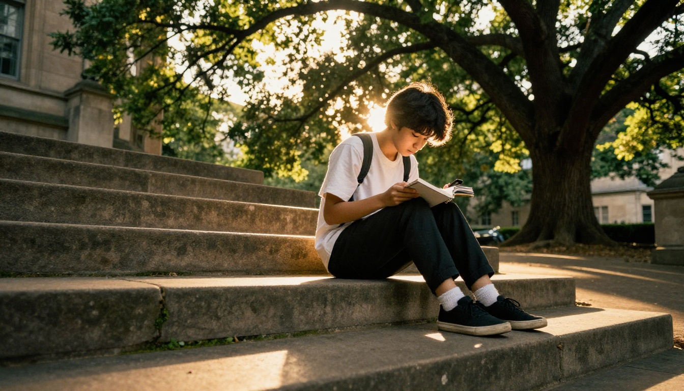 Student sitting on stone university campus steps with open notebook during golden hour light