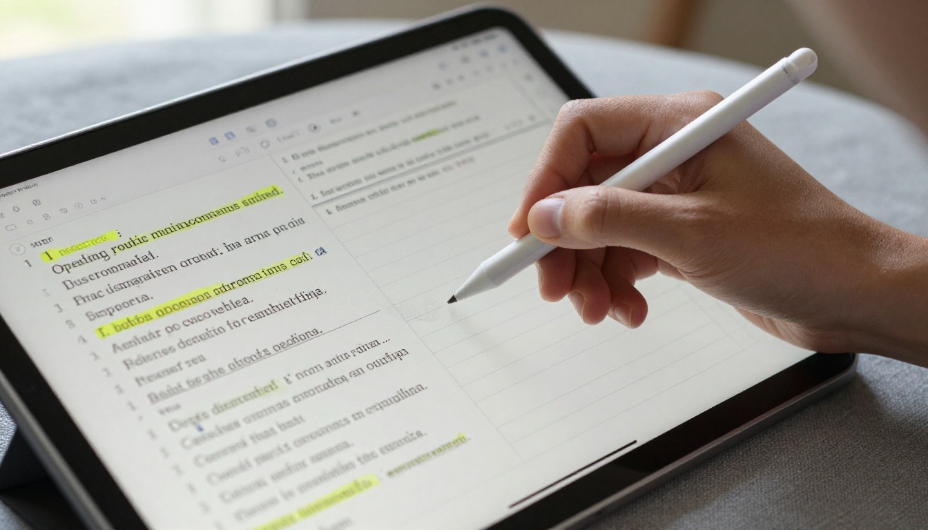 Close-up of a modern tablet with a stylus hovering above organized AI-generated study notes on the glass screen