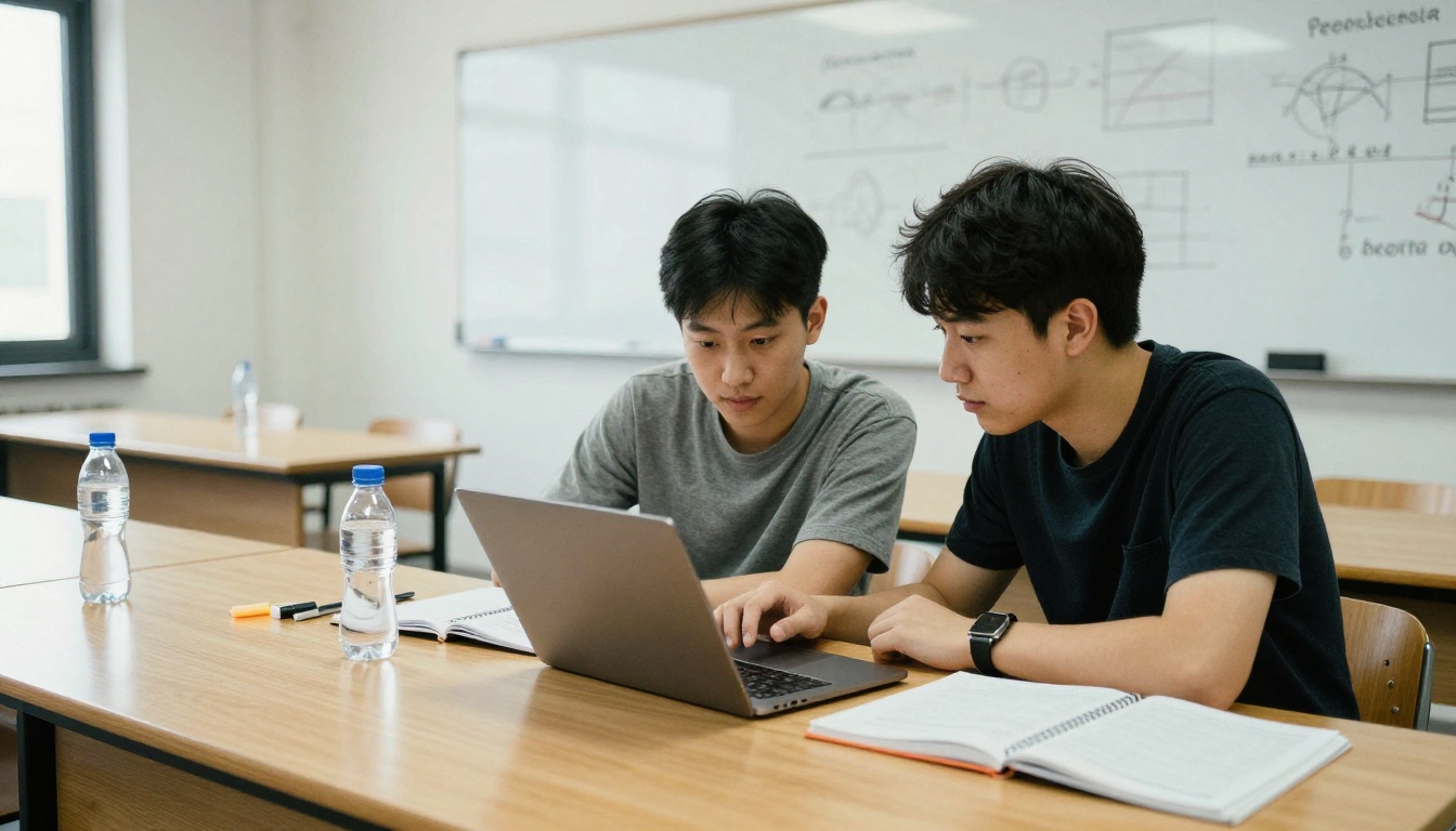 Two university students collaborating at a large wooden table with open notebooks, laptop, and whiteboards behind them