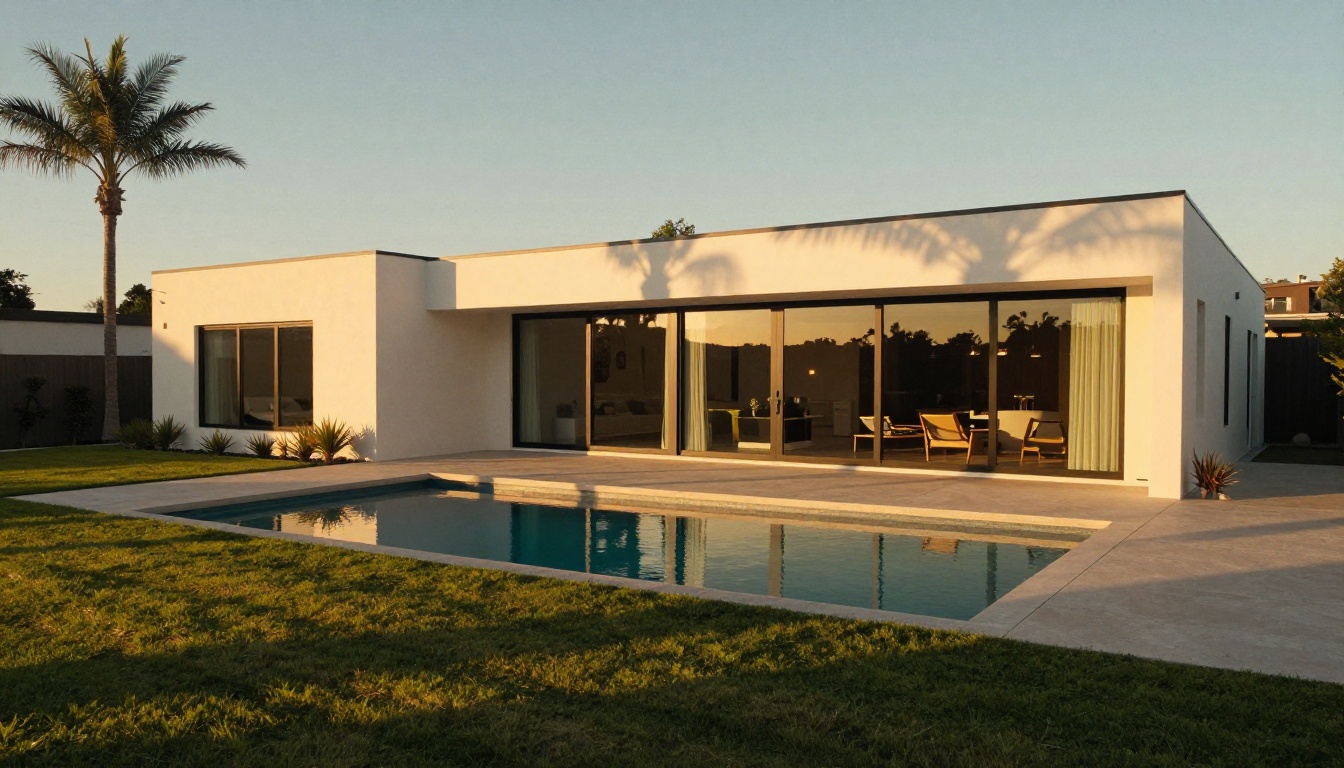 Modern luxury residential property at golden hour, demonstrating the type of high-quality architectural photography that converts best when animated for property listing ads