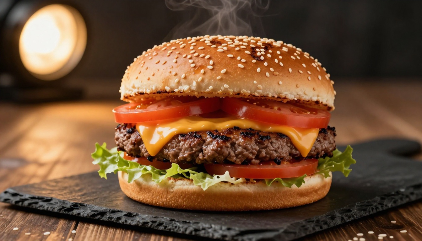 Artisan burger on a slate serving board under dramatic spotlight, showing the close-up food photography style that produces the most compelling animated video ads for restaurant brands