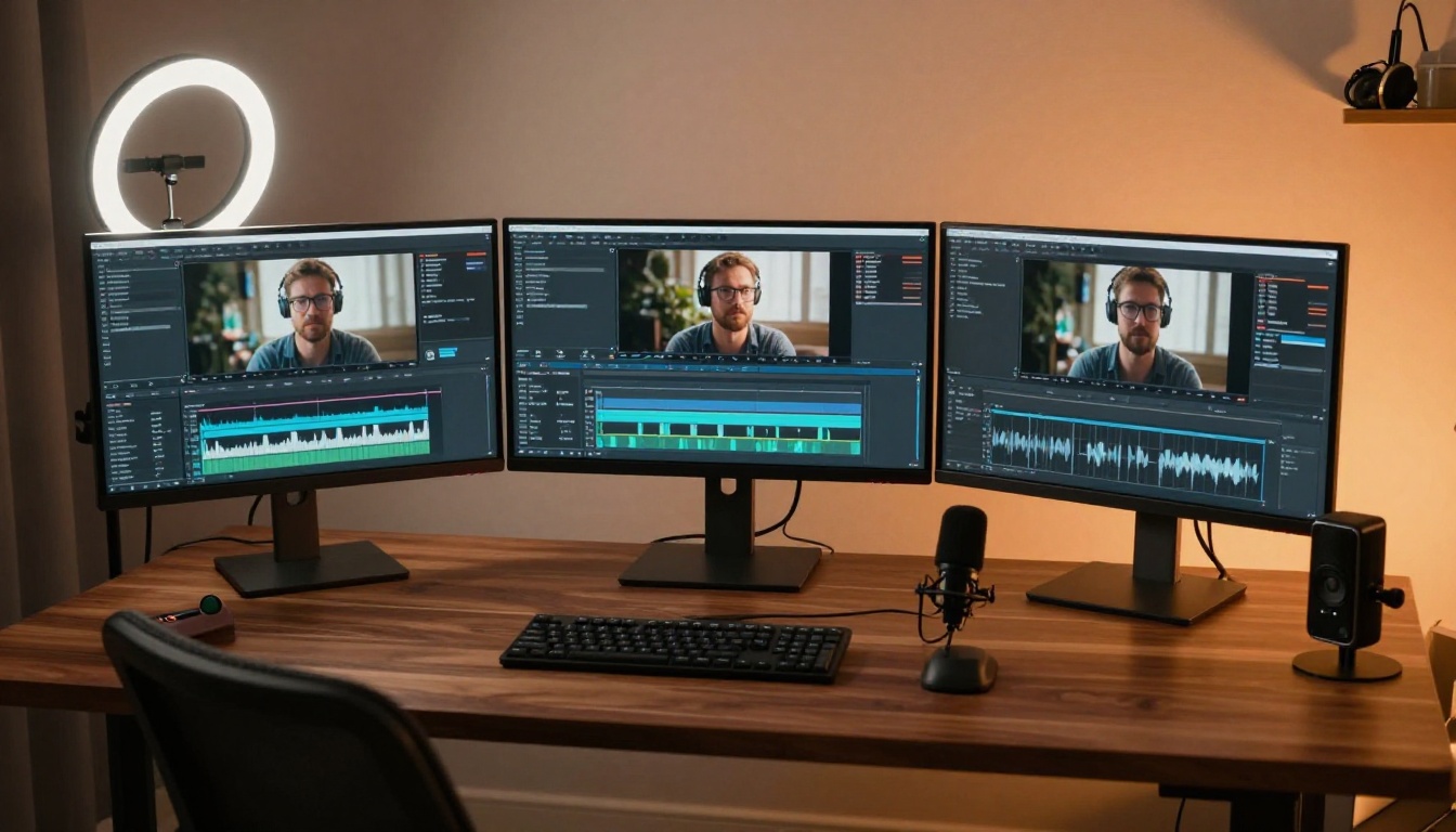 Content creator in a home studio with three monitors showing AI video editing software, representing the modern workflow for producing AI-generated ad creative Content creator in a home studio with three monitors showing AI video editing software, representing the modern workflow for producing AI-generated ad creative