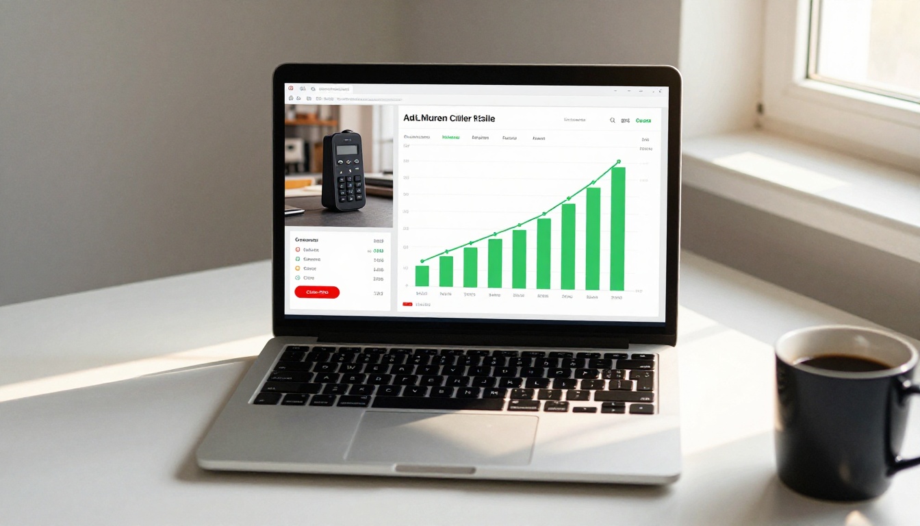 A laptop displaying split-screen ad analytics, comparing static image ad performance against AI video ad metrics with rising click-through rate charts
