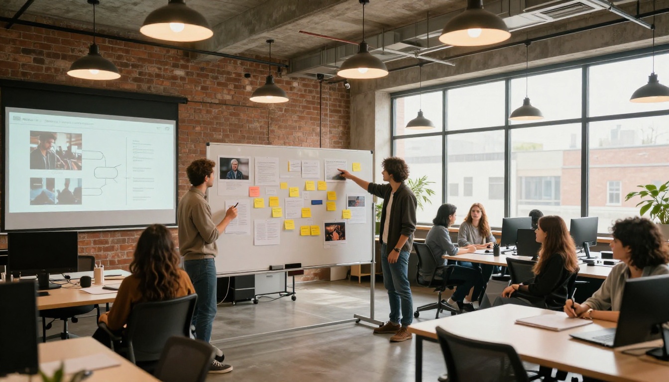 Marketing team in a loft office space collaborating on an AI video ad campaign with a projected image-to-video workflow on the wall Marketing team in a loft office space collaborating on an AI video ad campaign with a projected image-to-video workflow on the wall