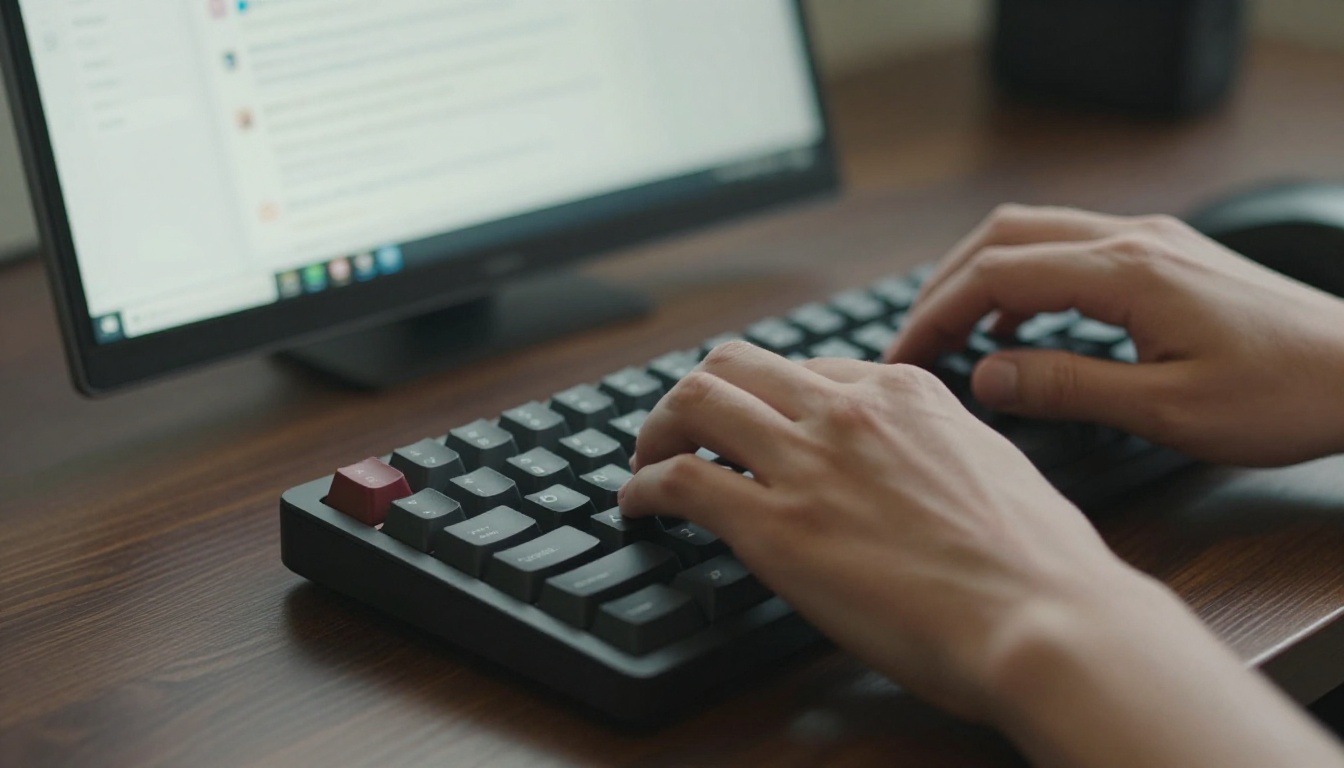 Close-up of hands typing on mechanical keyboard with AI chat interface visible on screen behind