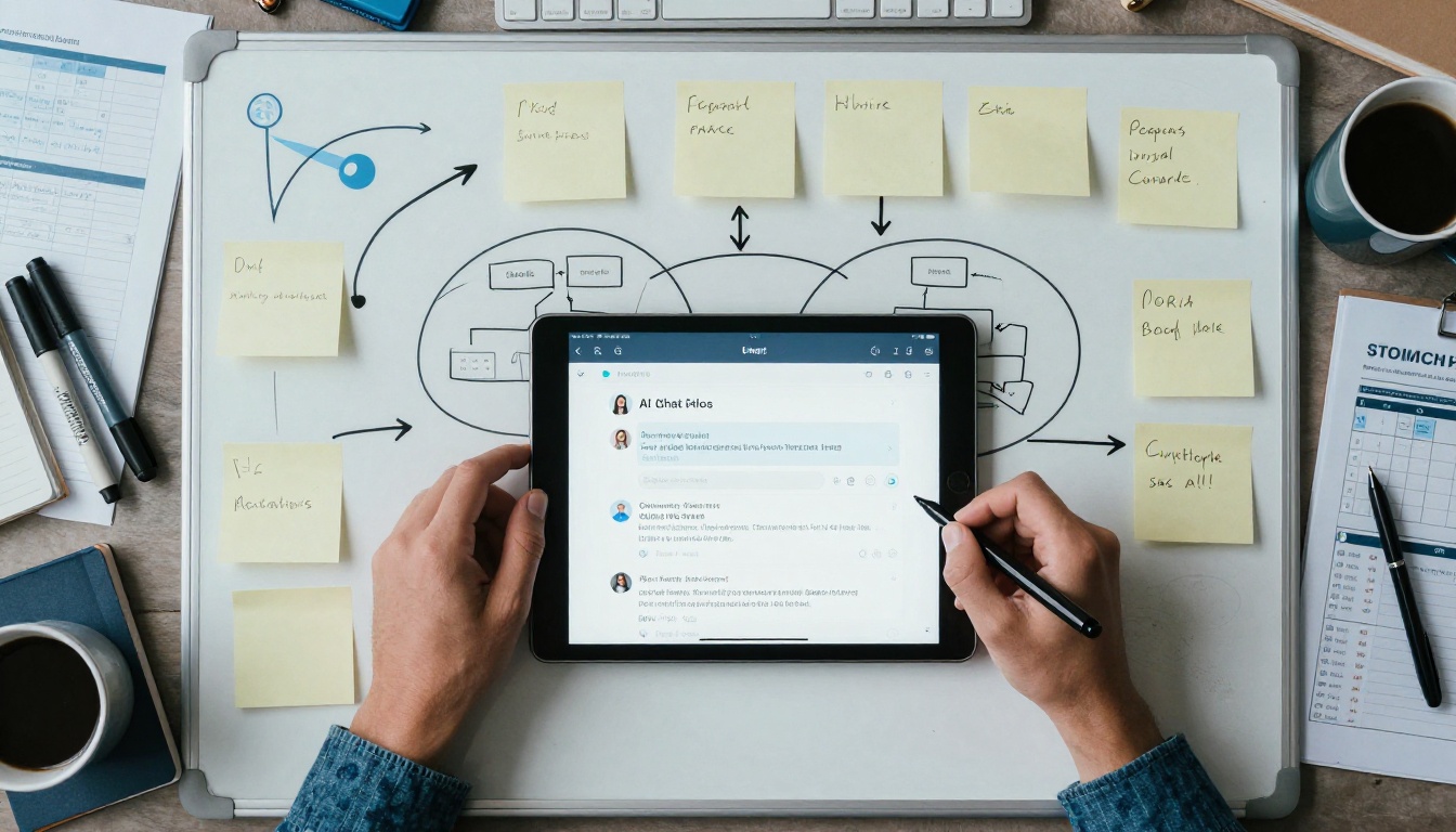 Aerial top-down view of a whiteboard covered in sticky notes, mind-map diagrams, and a tablet showing an AI brainstorming session