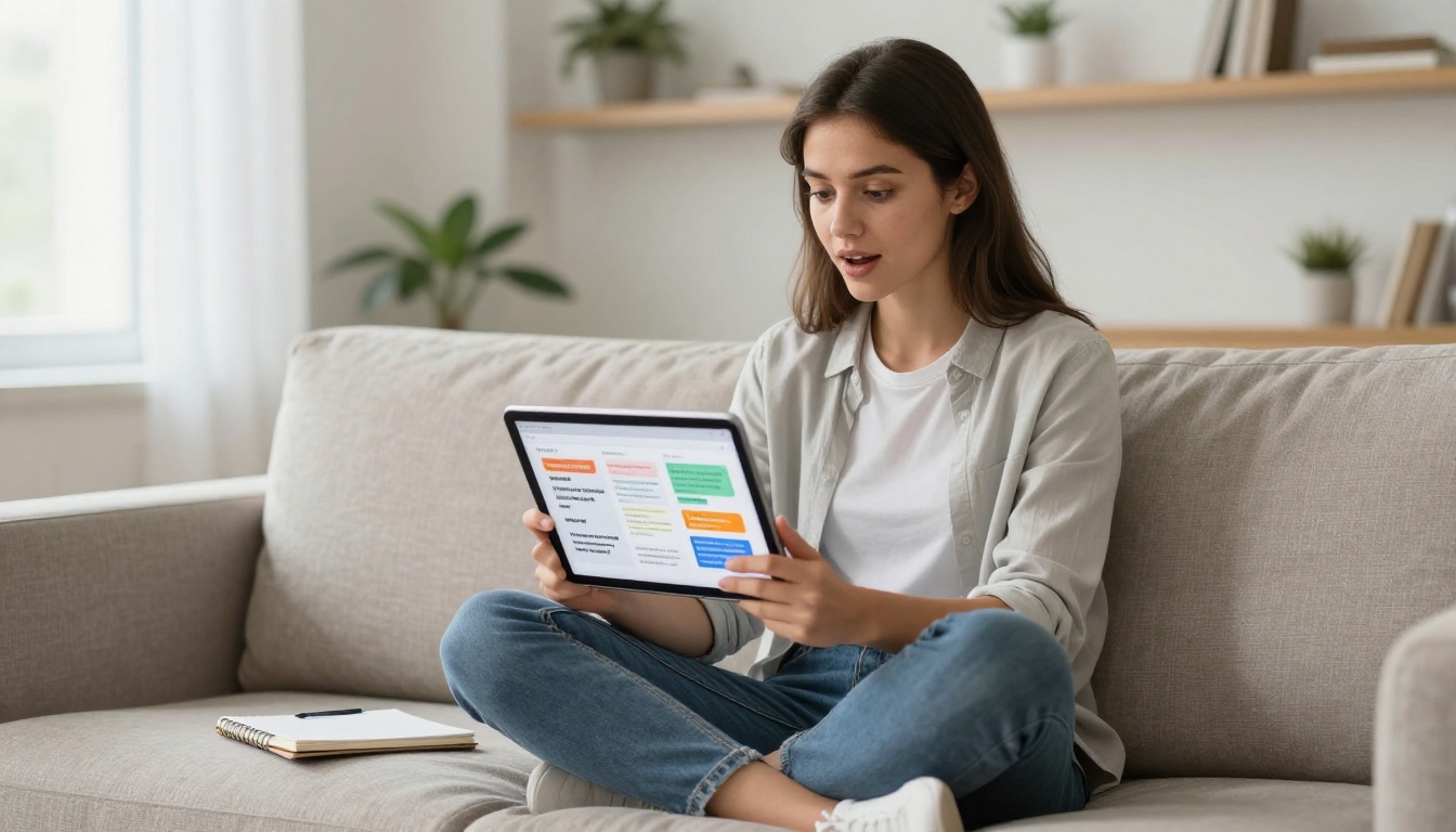 Young woman sitting cross-legged on a modern couch, holding a tablet with an AI brainstorming session, pen in hand over a notebook