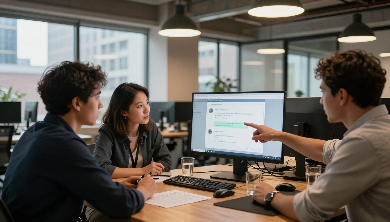 Team of three professionals gathered around a monitor showing an AI chat session for meeting preparation in a modern office