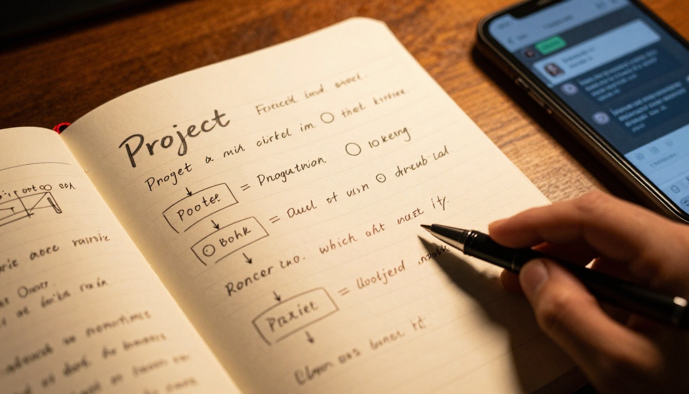 Open notebook with handwritten project roadmap and a smartphone showing AI chat about project milestones