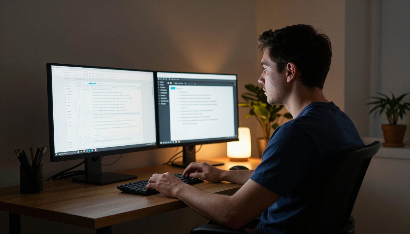 Man at a standing desk at night, dual monitors showing a project plan document and an active AI chat session with suggestions