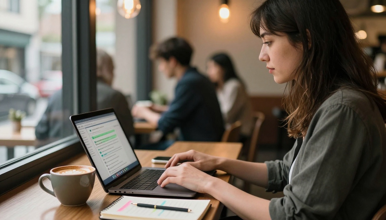 Woman at a coffee shop using a laptop with AI brainstorming interface, ceramic coffee cup and color-coded notebook beside her