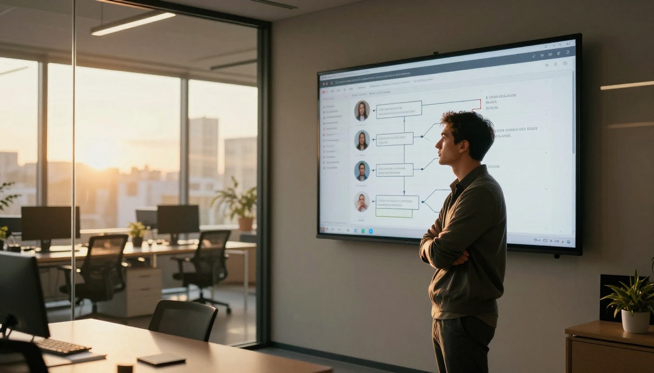 Entrepreneur in side profile studying an AI decision-making conversation thread on a large wall monitor, golden afternoon light from window