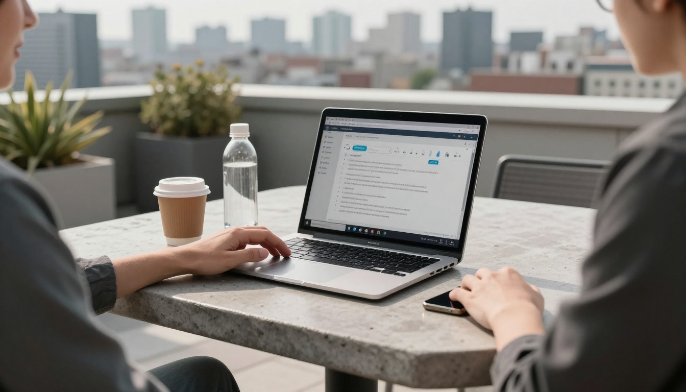 Freelance creative working on a laptop with AI planning chat open at an outdoor rooftop terrace, city skyline softly blurred in background