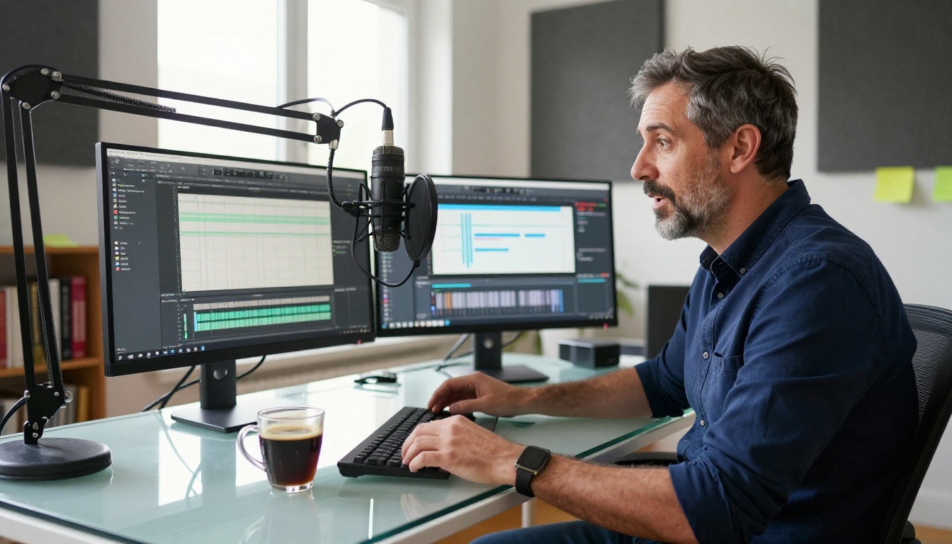 Course creator recording voiceover at home office with dual monitors and condenser microphone Course creator recording voiceover at home office with dual monitors and condenser microphone
