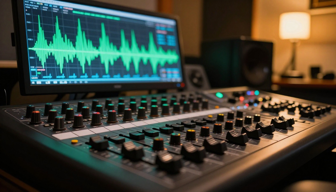 Close-up of professional studio mixing console with audio waveform visualization on 4K monitor warm amber studio lighting