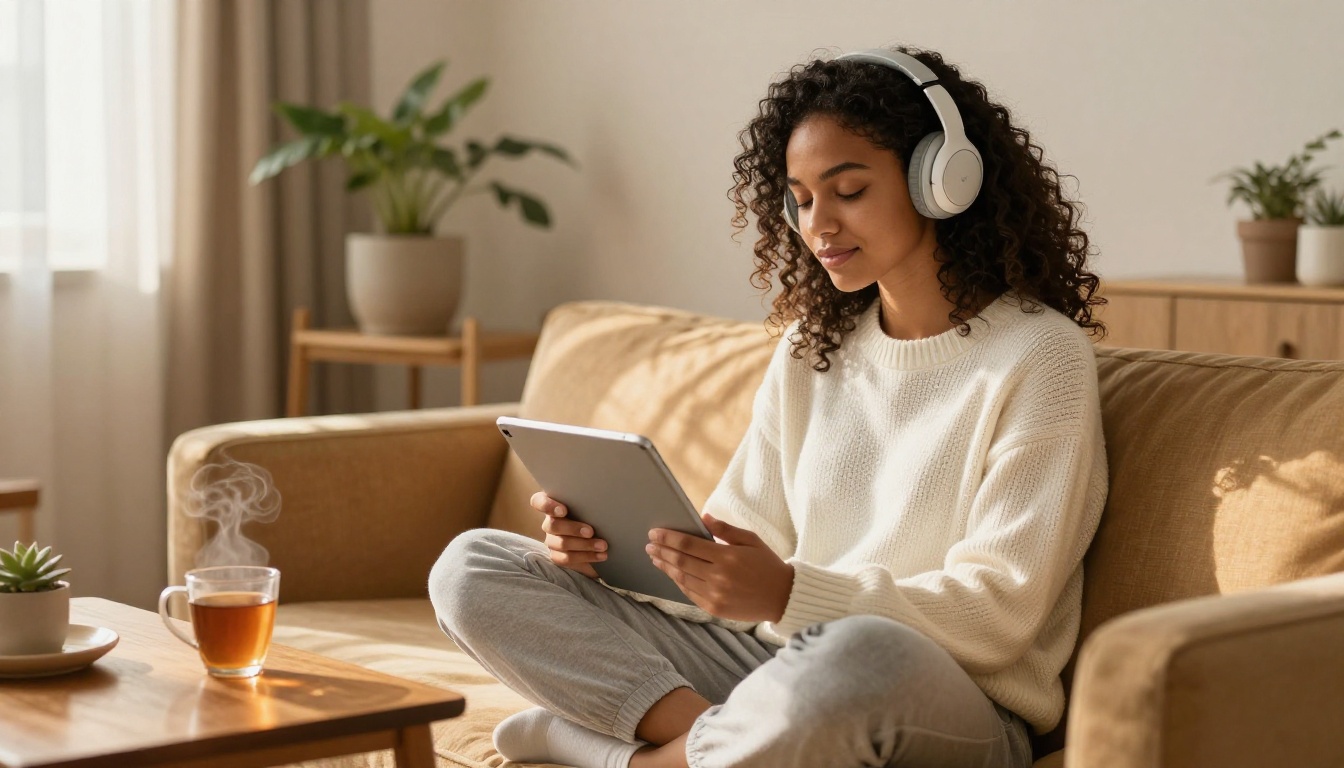 Young woman with curly hair listening to audiobook through headphones on sofa in warm morning light