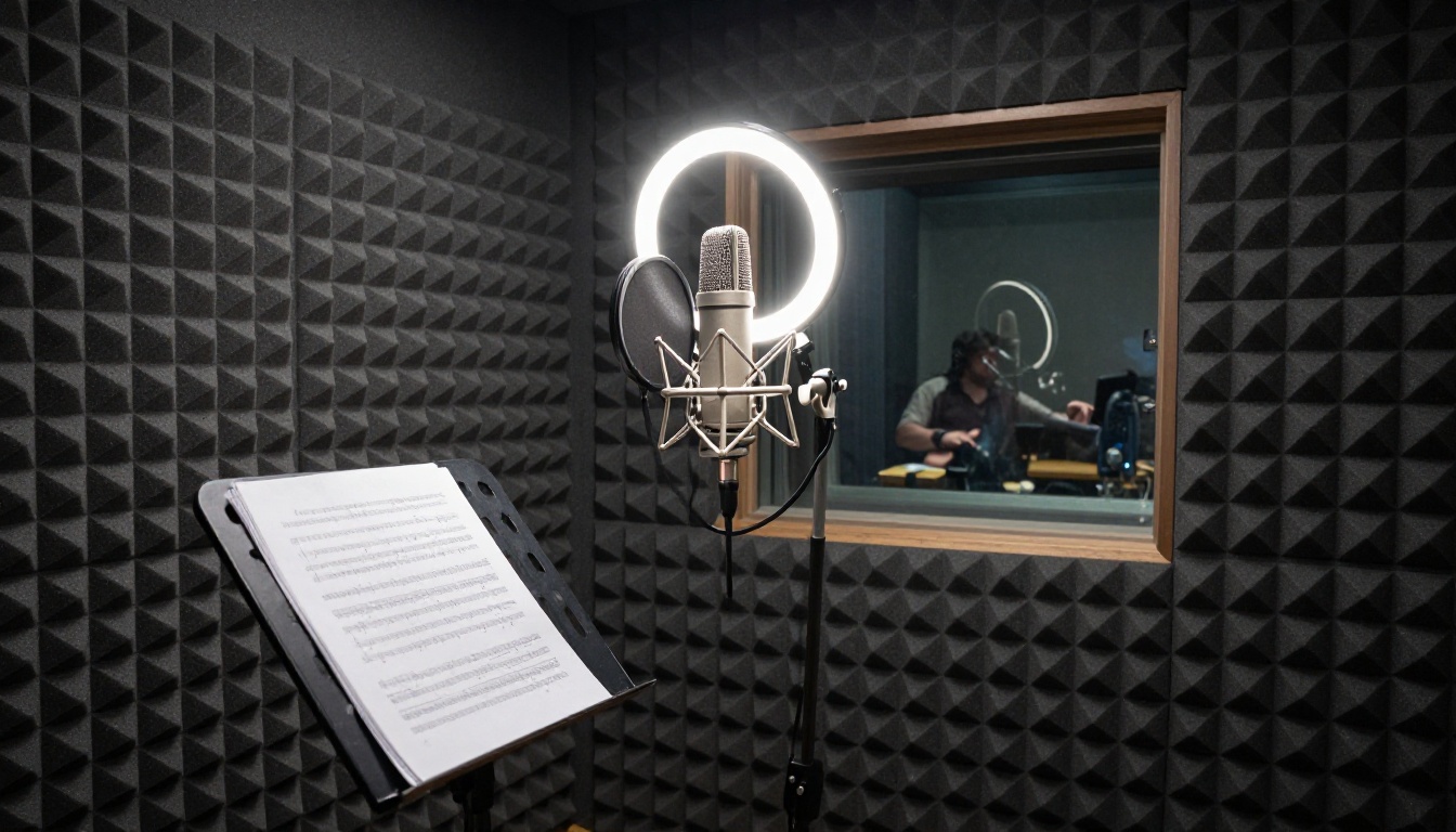 Professional vocal recording booth interior with acoustic foam pyramid tiles and condenser microphone Professional vocal recording booth interior with acoustic foam pyramid tiles and condenser microphone