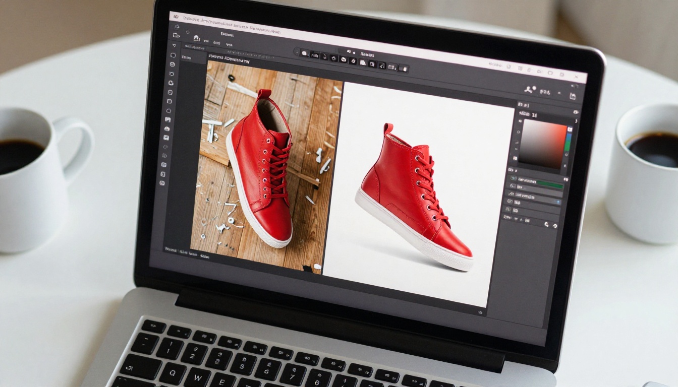 AI background removal software displayed on laptop screen showing product editing interface with before and after sneaker images