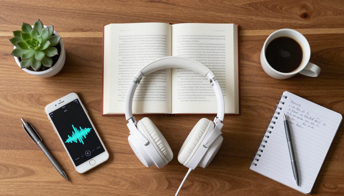 Minimalist flat lay of premium headphones open book smartphone and espresso on walnut table Minimalist flat lay of premium headphones open book smartphone and espresso on walnut table