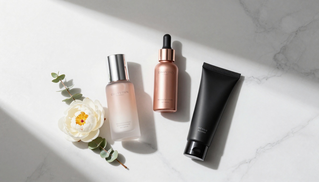 Luxury beauty skincare product flatlay on pristine white marble surface with professional diffused studio lighting