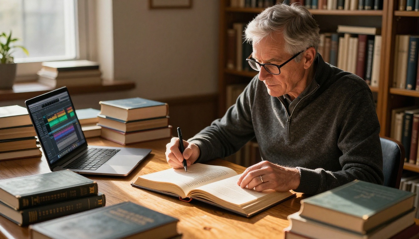 Author with silver hair reviewing printed manuscript beside open laptop with audio editing software Author with silver hair reviewing printed manuscript beside open laptop with audio editing software