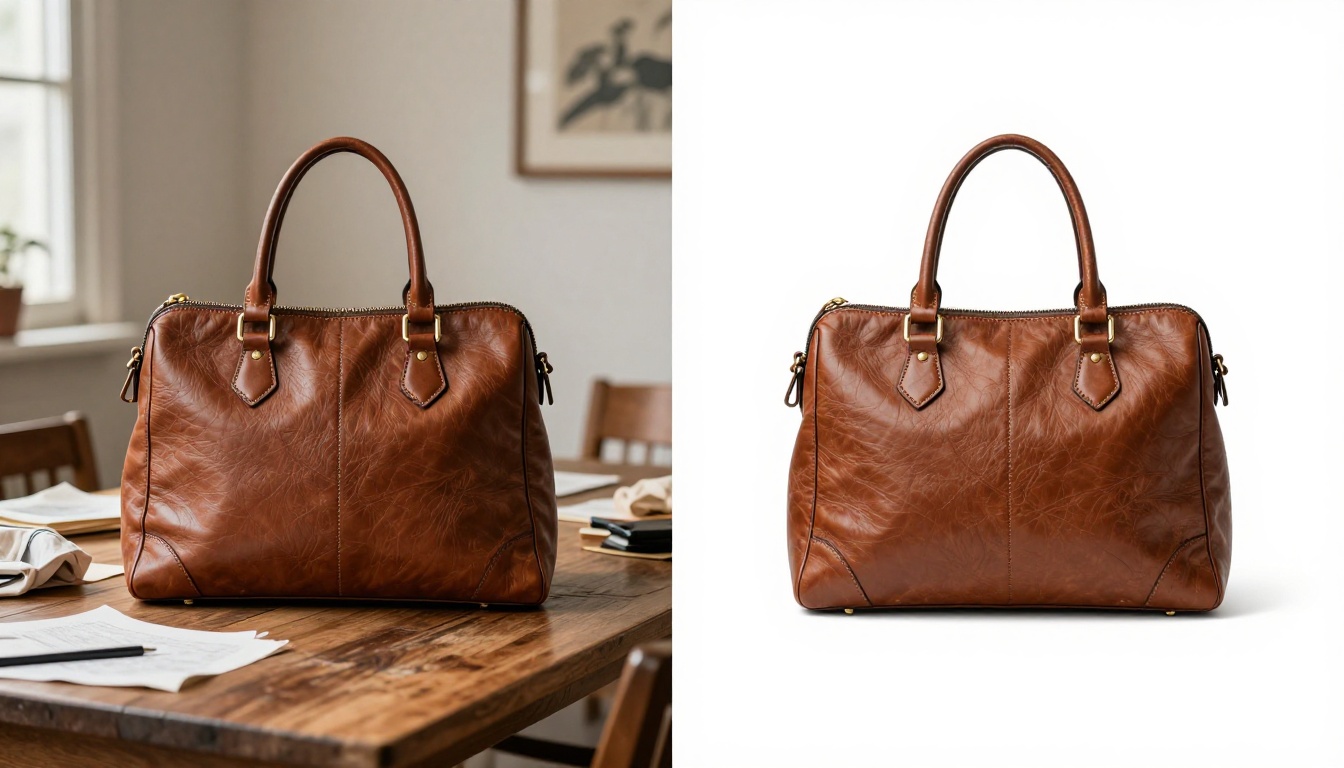 Professional before and after product photography comparison showing leather handbag on cluttered background versus clean white isolated background