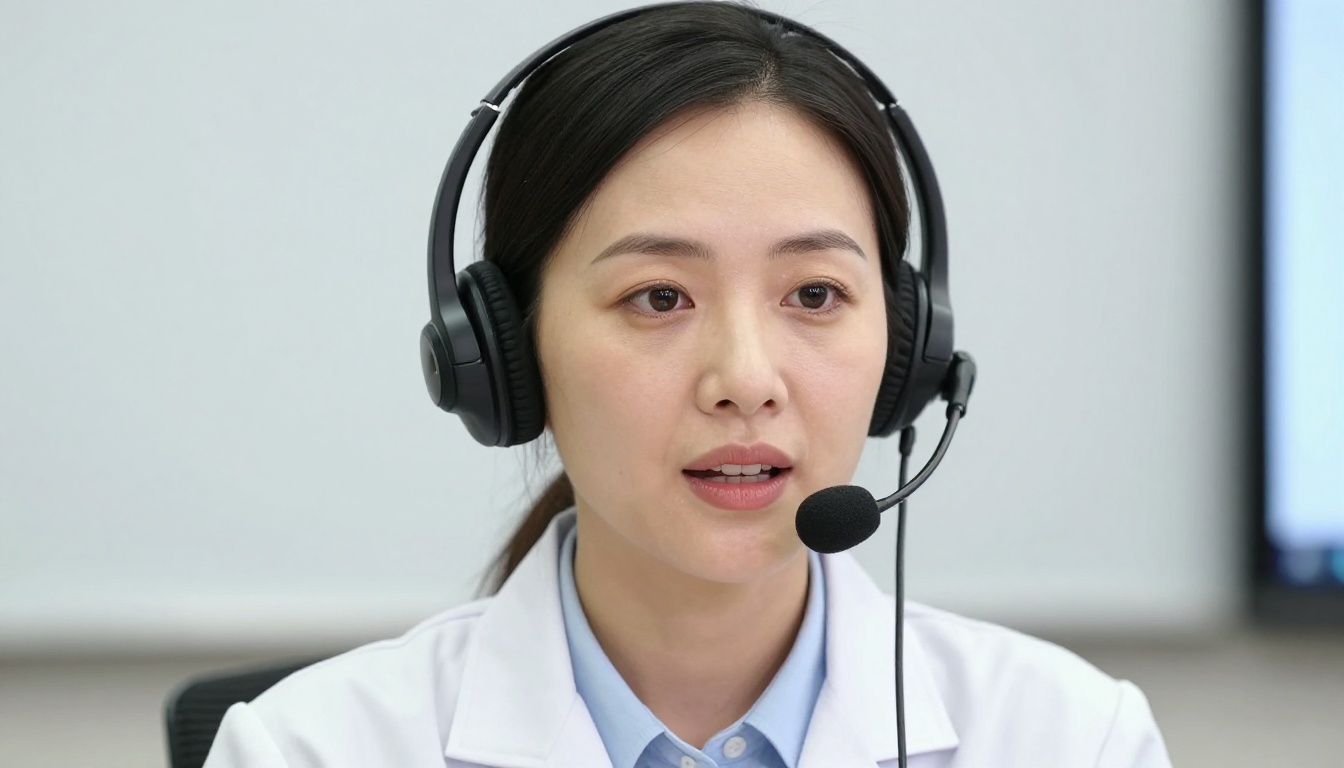 Female e-learning instructor speaking into headset microphone professional studio lighting Female e-learning instructor speaking into headset microphone professional studio lighting