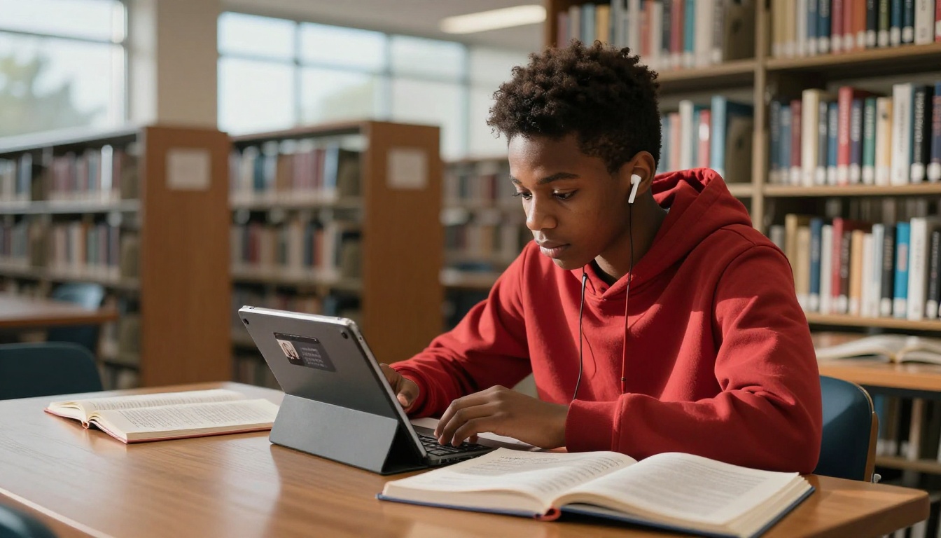 African American teenage student studying with tablet and wireless earbuds in school library afternoon light