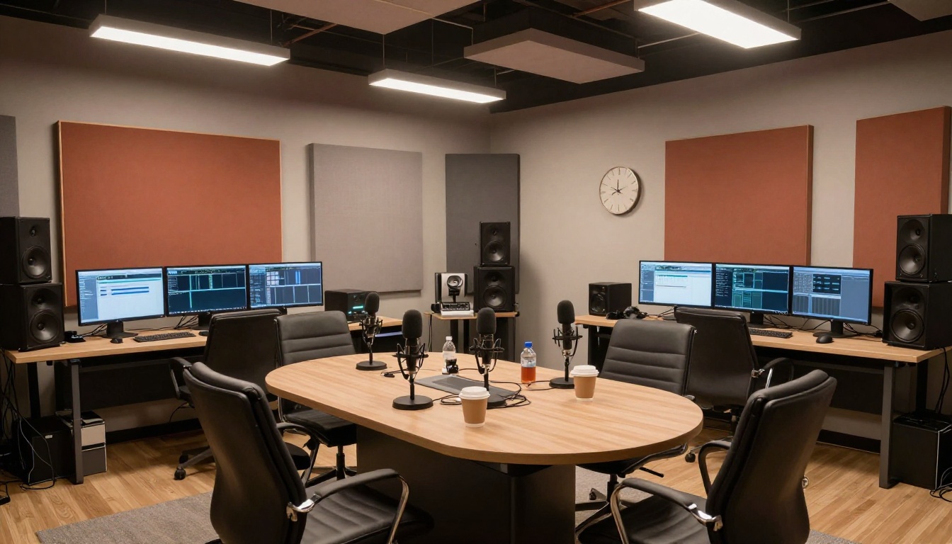 Contemporary open-plan podcast studio interior with multiple audio workstations hanging microphones and terracotta acoustic panels