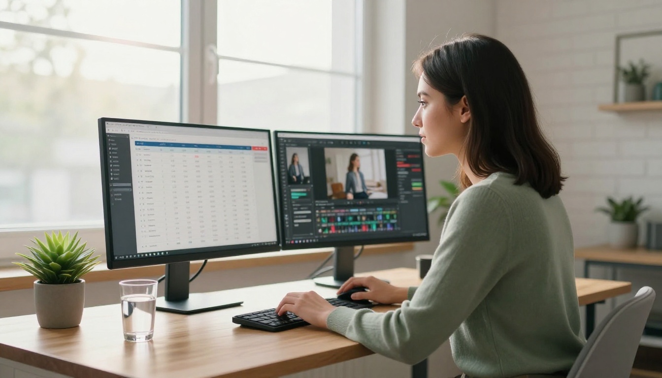 Professional woman working at dual monitors editing product images on ecommerce dashboard in bright minimalist home office
