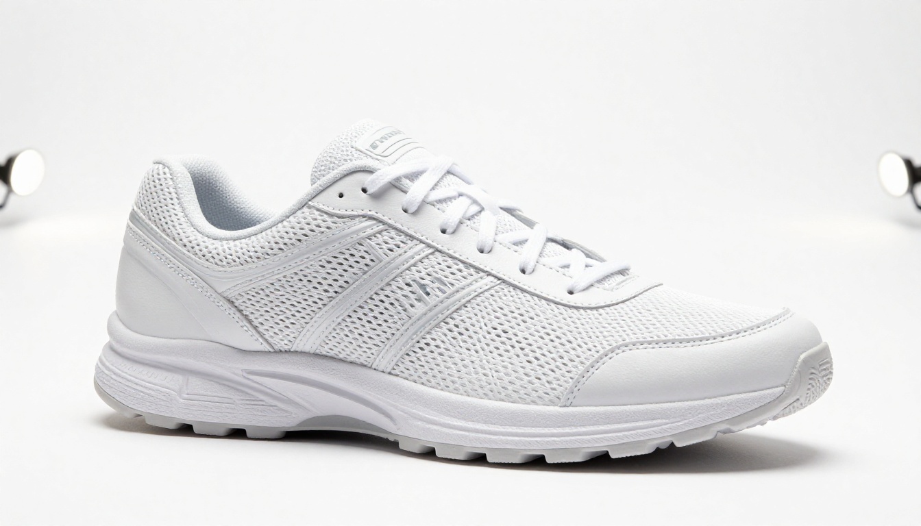 Premium white leather running shoe perfectly isolated on seamless white studio background with professional twin softbox lighting and natural drop shadow
