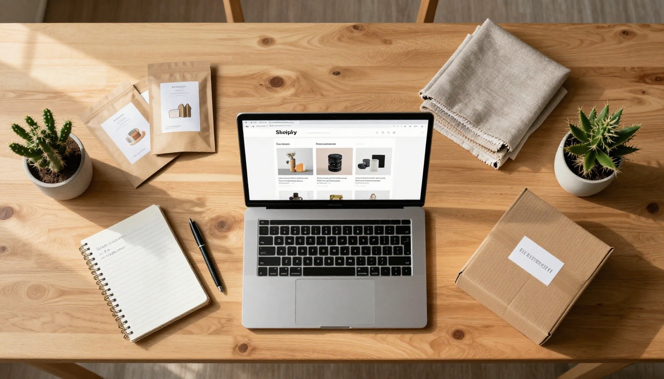 Online seller workspace overhead flatlay with MacBook showing Shopify product listings surrounded by shipping boxes and fabric swatches