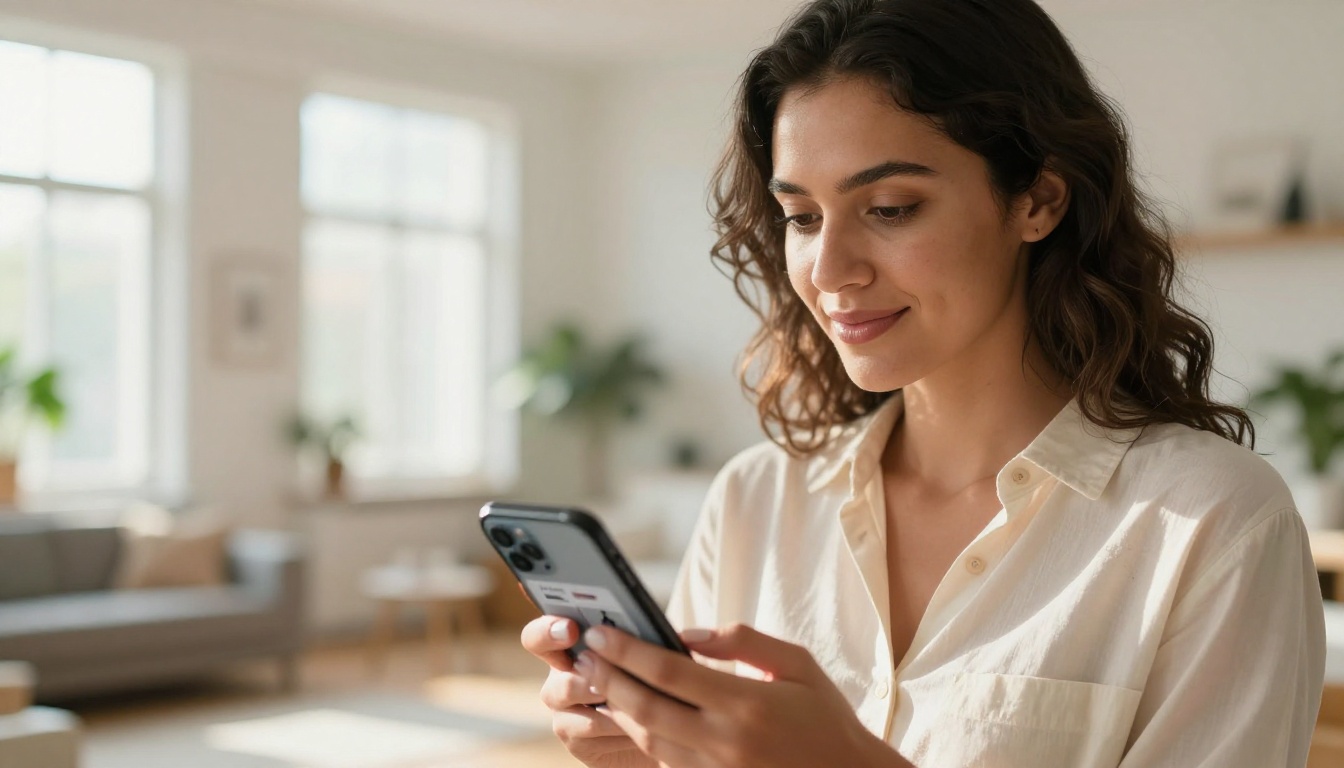 Young woman entrepreneur holding smartphone showing mobile ecommerce app with clean white background product listings in sunlit modern apartment