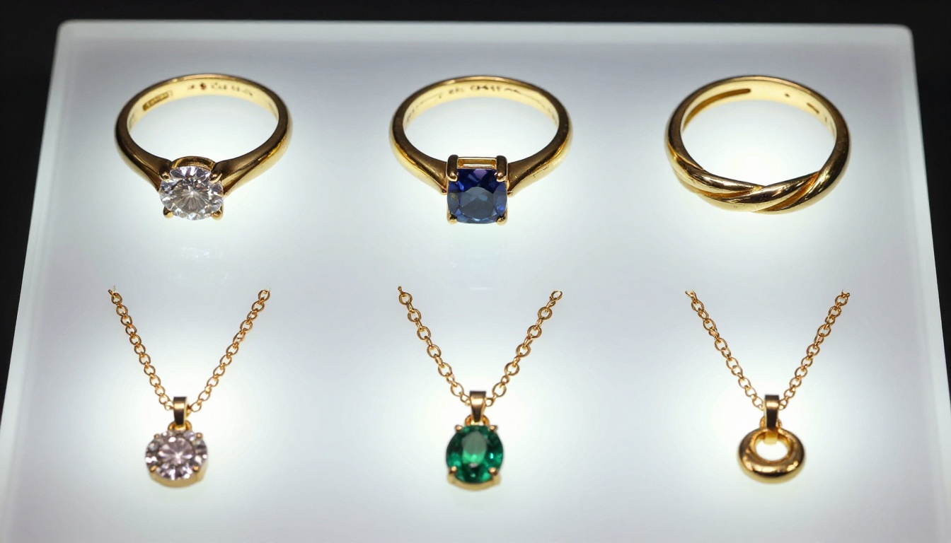 Professional jewelry display showing gold rings and delicate necklaces on frosted acrylic backlit light table with extreme macro detail