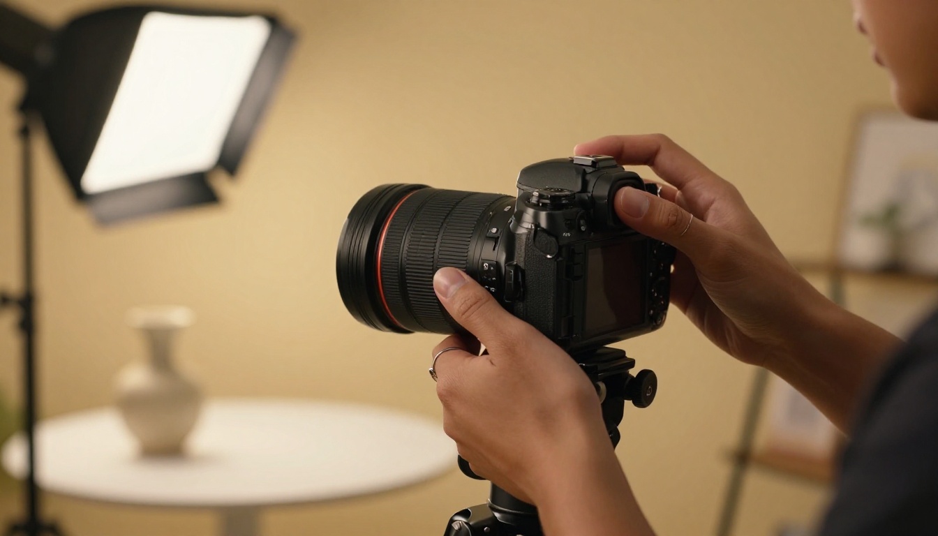 Professional product photographer's hands adjusting camera lens aperture ring in warm studio with soft bokeh product setup and softbox lighting in background