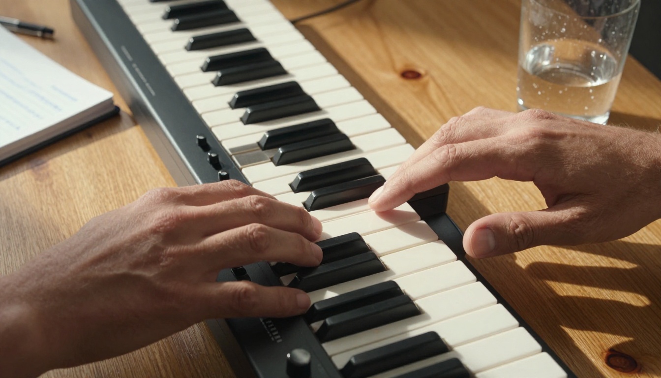 Close-up of a MIDI keyboard on a wooden desk with handwritten chord progressions and afternoon sunlight
