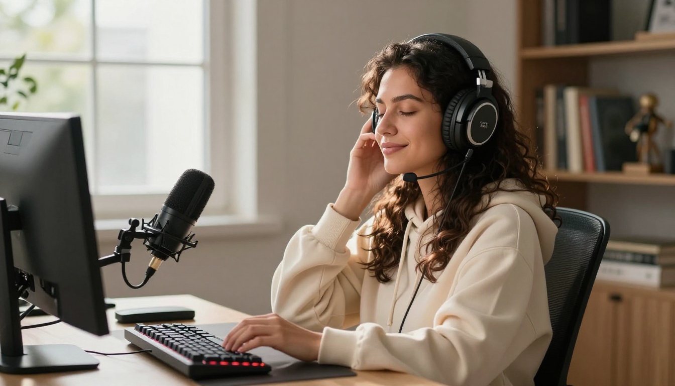 A female streamer wearing studio headphones at her desk with natural morning sunlight