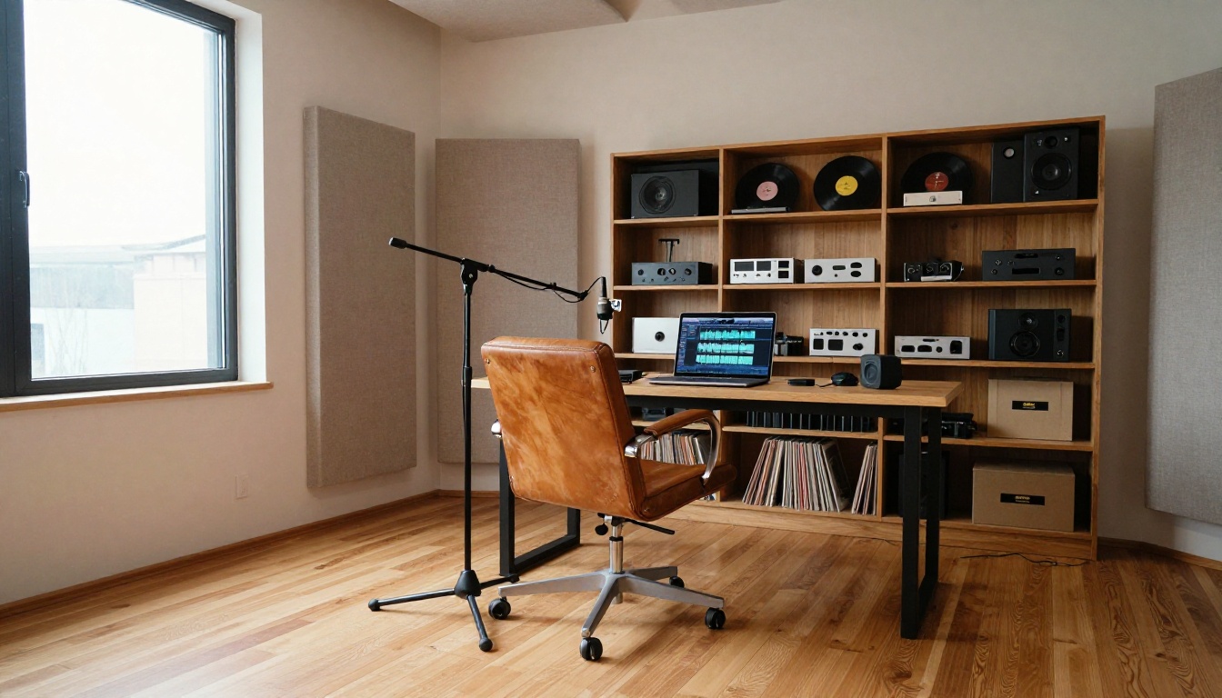A professional podcast and streaming studio room with broadcast microphone, leather chair, and acoustic foam panels