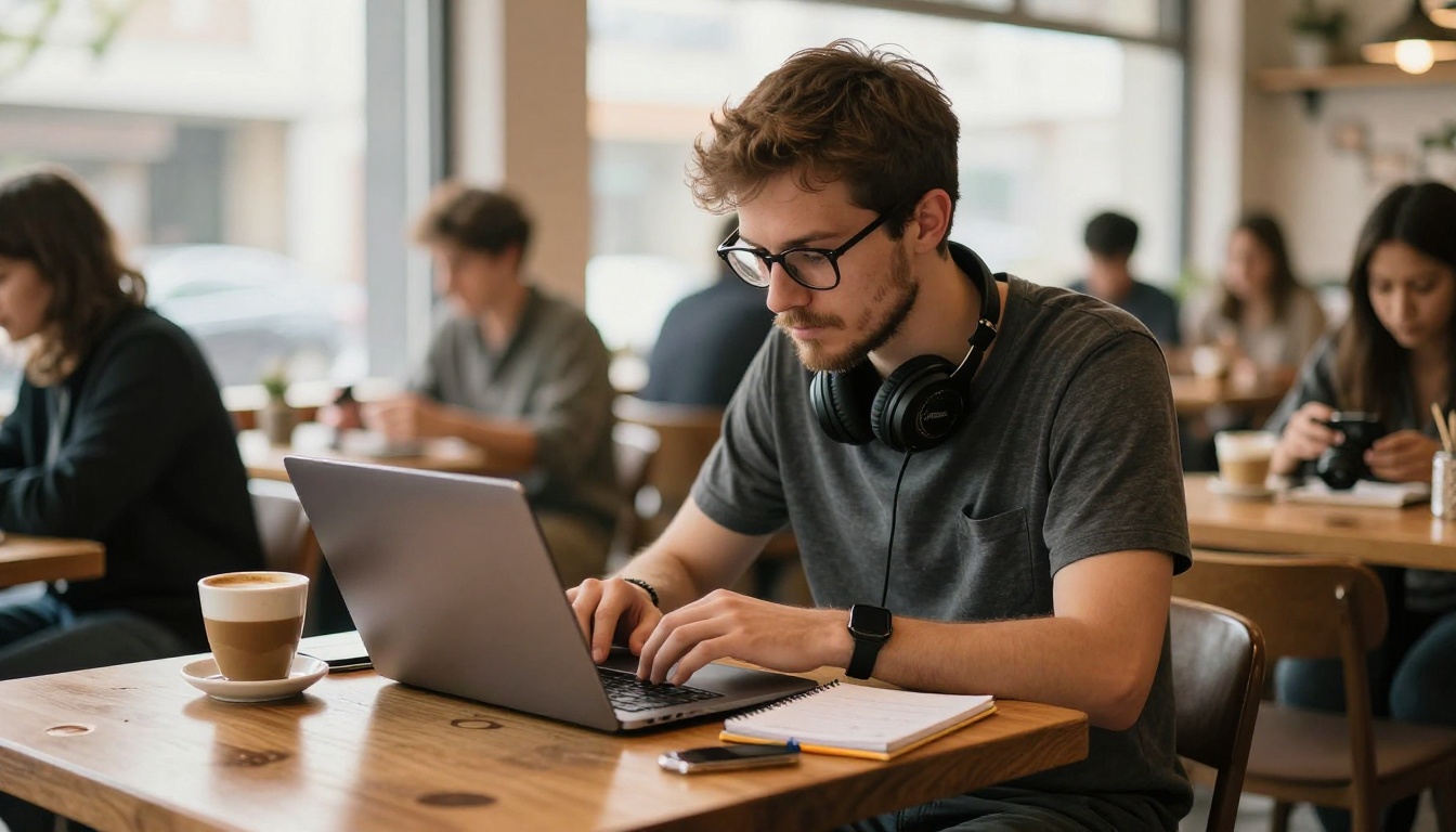 A young man with glasses working on music production at a coffee shop table with morning window light