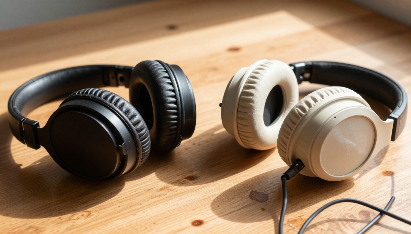 Two professional studio headphones side by side on a wooden desk with afternoon window light casting long shadows
