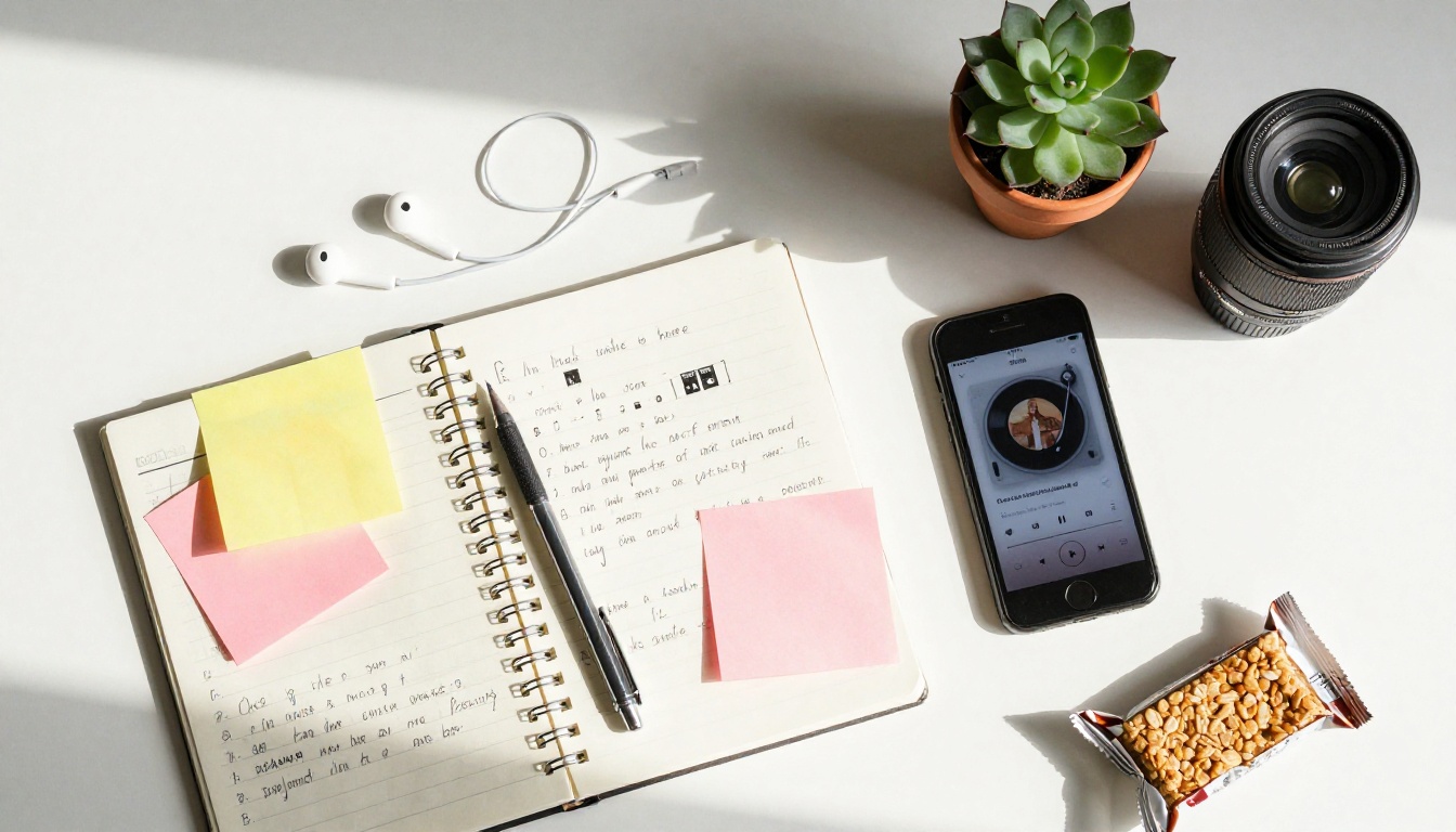 Aerial flat-lay of a music creator's desk with notebook, earbuds, sticky notes, smartphone, and a small plant