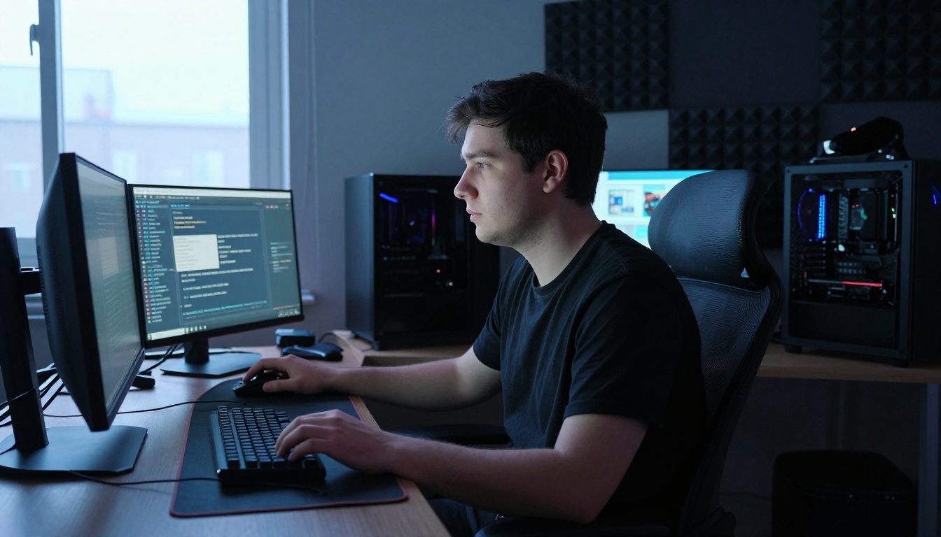 A Twitch gaming streamer focused on dual monitors at his gaming setup with morning window light