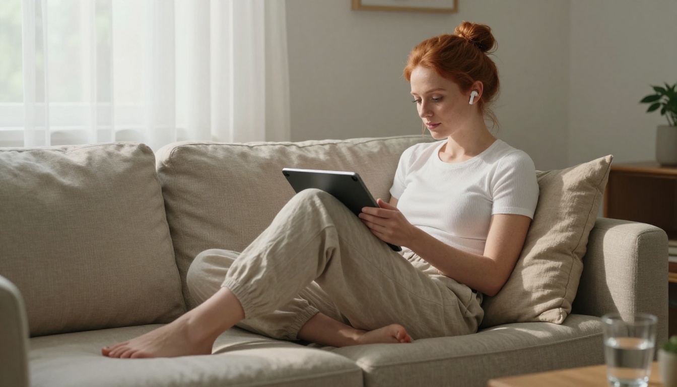 A female content creator editing video on a tablet while sitting cross-legged on a beige sofa with afternoon light