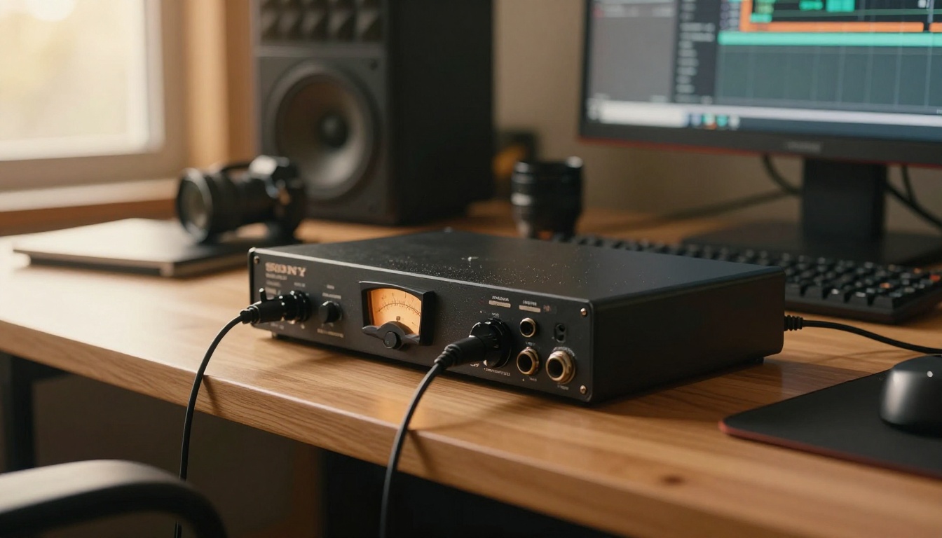 A professional audio interface on a recording studio desk bathed in golden hour window light