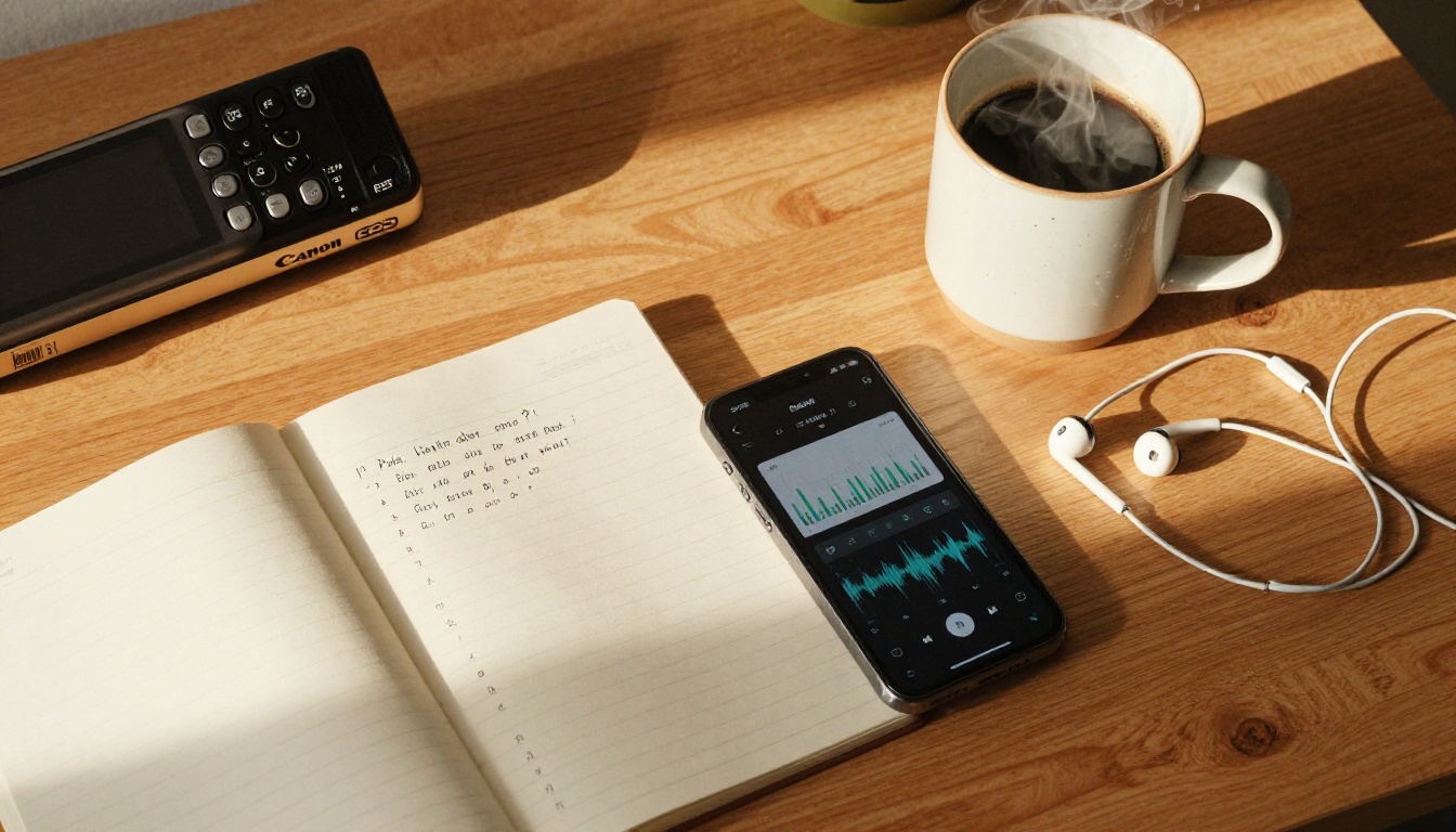 Overhead desk flat-lay with voice recorder, notepad, and earphones