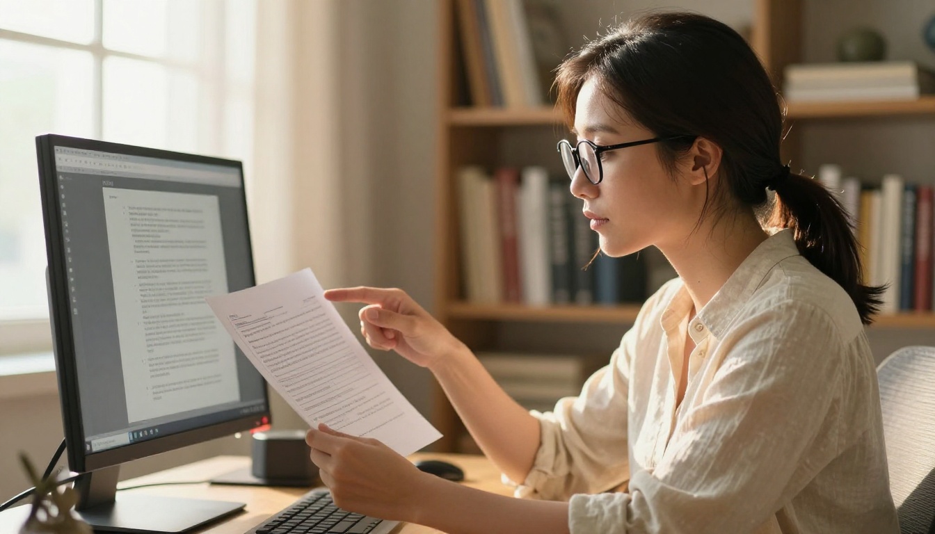Professional woman reviewing a transcript document on a large monitor