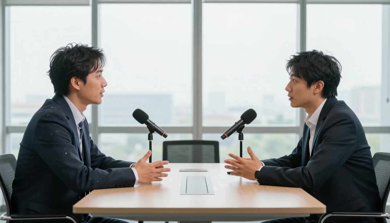 Two professionals in a conference room interview setup with a directional microphone