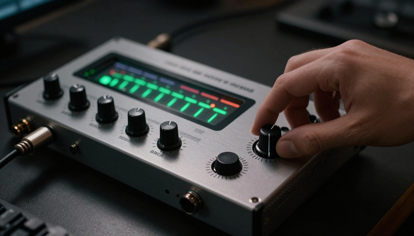 Close-up of a studio audio interface with VU meters and an engineer's hand on the gain knob