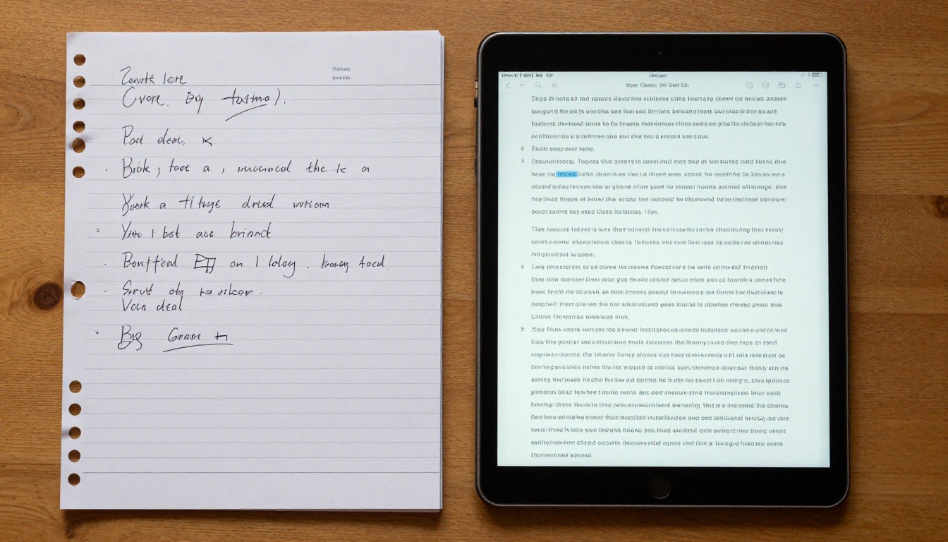 Side-by-side comparison of messy handwritten interview notes and a clean digital transcript on a tablet